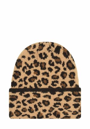 Knit beanie in beige with black and brown leopard spots. Features a folded cuff and a soft texture suitable for cold weather.