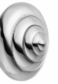 Polierte Metallsäule in Form einer Spiralschale, mit sanften Kurven, geschwungenen Schichten und einer reflektierenden silbernen Oberfläche.