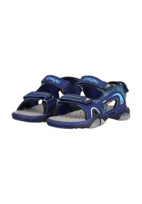 Marineblauwe sandalen met verstelbare klittenbandriemen, gestructureerde grijze binnenzolen en rubberen buitenzool. Kenmerkt zich door zigzagbranding op de bovenkant.