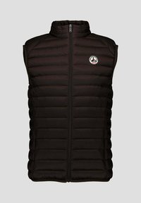 Veste noire matelassée avec col montant, fermeture éclair à l'avant et poches latérales. Présente des panneaux matelassés horizontaux et un logo circulaire sur la poitrine.