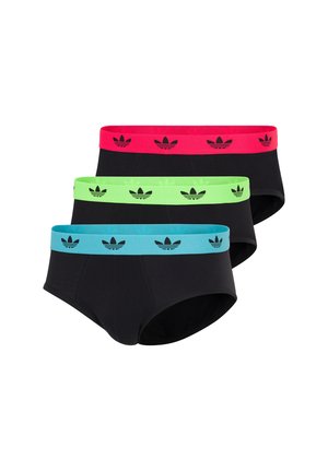 Pakket van drie zwarte slips met elastische taillebanden in roze, groen en blauw, elk met een herhaald zwart logodesign.