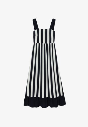 Dryžuota suknelė su plačiomis tamsiai mėlynomis ir baltomis vertikaliomis juostomis, kvadratine iškirpte, storomis petnešomis ir išplatintu suknele su ruffle apdaila apačioje.