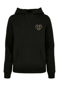Felpa nera in cotone, con un design a forma di cuore in stampa leopardo in filo dorato sul lato sinistro del petto, dotata di tasca frontale e cappuccio regolabile.