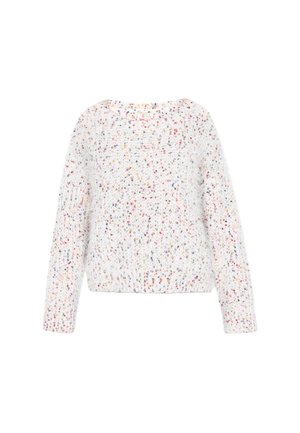Pulover alb din tricot cu fir multicolor, guler rotund, mâneci lungi și tiv striat. Țesătură moale și texturată. Croială casual.