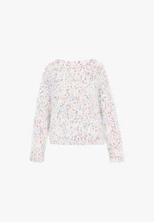 Valge kootud sviiter mitmevärviliste laikudega, ümmargune kaelus, pikad varrukad ja soonikkoes äär. Pehme, tekstuurne kangas. Mugav lõige.