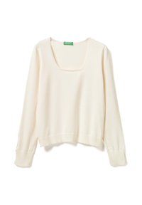 Světlý krémový pulovr s čtvercovým výstřihem, dlouhými rukávy, žebrovanými manžetami a volným střihem. Měkká textura, jednoduchý design.
