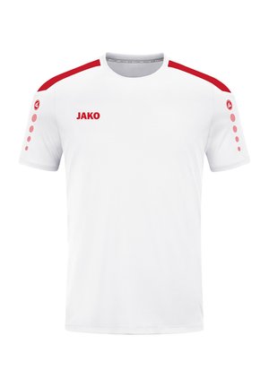 Witte sport T-shirt met rode schouderaccenten en vijf cirkelvormige ontwerpen op de linkermouw. Beschikt over het "JAKO" logo op de voorkant.
