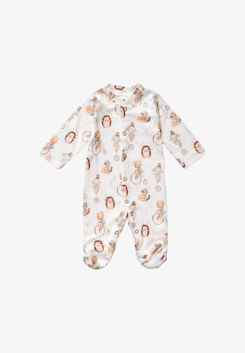 Witte babyromper met speelse dierenillustraties in zachte pasteltinten, waaronder egels en beren, met lange mouwen en drukknoopsluiting.