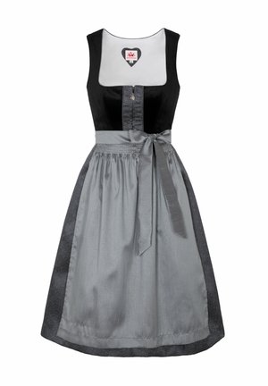 Black velvet bodice with a gray skirt. Silver satin waistband and bow, featuring a textured gray pattern on the skirt and white inner lining.