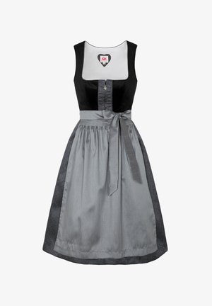 Zwarte fluwelen lijf met een grijze rok. Zilveren satijnen tailleband en strik, met een gemêleerd grijs patroon op de rok en een witte binnenvoering.