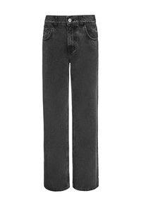 Juodos džinsinės kelnės plačiu sijonu, aukštu liemeniu, su priekiniais mygtukais, penkiomis kišenėmis ir kontrastingais siuvinėjimo akcentais.