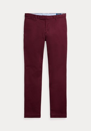 Burgundy cotton chinos with a smooth finish, straight leg design, belt loops, and a classic front zip closure. Featured logo on waistband.
