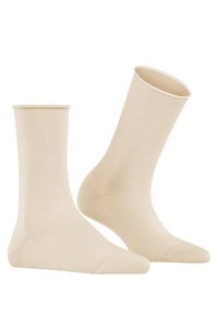 Beige Baumwollsocken in Knöchelhöhe, mit glatter Textur, verstärktem Fersen- und Zehenbereich. Klassisches Design ohne sichtbare Muster oder Akzente.