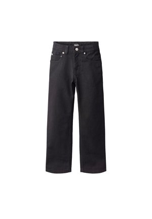 Jeans neri a gamba dritta con tasche frontali, passanti per cintura e chiusura con bottone, mostrati su sfondo bianco.