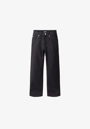 Svarte jeans med lige ben, forlommer, bæltestropper og knaplukning, vist på hvid baggrund.