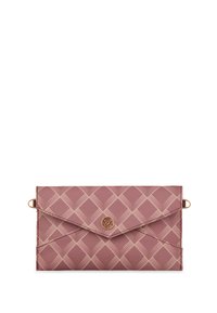 Rose-colored leather wallet with an embossed diamond pattern, a snap closure, and gold-tone hardware accents. Features a sleek envelope design.