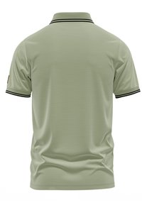 Jasnozielona koszulka polo z fakturowanej tkaniny, z krótkimi rękawami i czarnymi paskami na kołnierzyku oraz brzegach rękawów.
