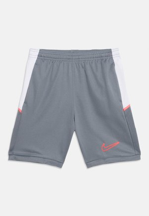 Shorts de sport gris avec panneaux latéraux blancs et logo Nike swoosh rouge près du bas de la jambe droite. Taille élastique en haut.