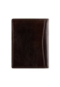 Bruine leren portemonnee met een gestructureerde afwerking, voorzien van een gebogen zijkant en zichtbare stiksels langs de randen. Compact ontwerp.