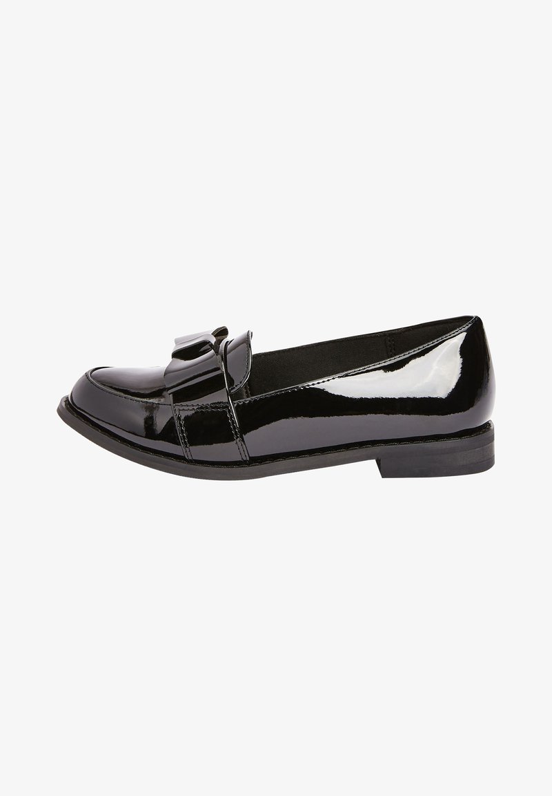 Black patent leather loafer with a rounded toe, bow accent on the front, and a low, flat heel. Smooth glossy texture with stitching details.