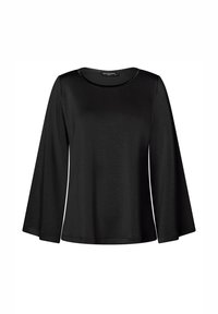 Schwarzes Langarmoberteil aus glattem Stoff. Mit Rundhalsausschnitt und ausgestellten Ärmeln. Einfaches Design ohne Muster oder Verzierungen.