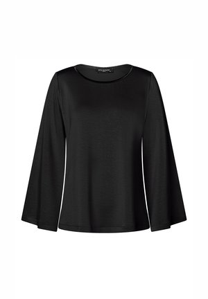 Schwarzes Langarmoberteil aus glattem Stoff. Mit Rundhalsausschnitt und ausgestellten Ärmeln. Einfaches Design ohne Muster oder Verzierungen.