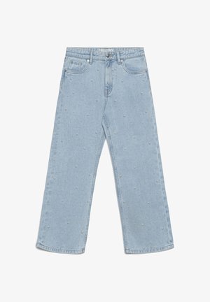 Jeans a gamba larga color azzurro chiaro con decorazioni di perle distribuite sul tessuto. Presentano il classico design con cinque tasche e passanti per la cintura.