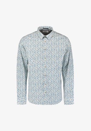 Lichtblauw patroon shirt met lange mouwen, met een geometrisch ontwerp in marineblauw, lichtblauw en wit. Knopsluiting aan de voorkant en kraag.