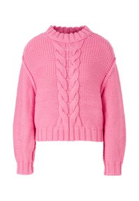 Rosa gestrickter Pullover mit hohem, geripptem Kragen, der ein Zopfmuster an der Vorderseite sowie gerippte Bündchen und Saum hat. Verkürztes Design.