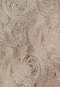 Beige tyg med ett texturerat paisleymönster bestående av svängar, kurvor och små upphöjda prickar som skapar en detaljerad design.