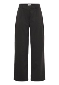 Pantaloni larghi neri con vita alta, caratterizzati da delicati accenti scintillanti e una texture liscia. Progettati con pieghe frontali per un fit strutturato.