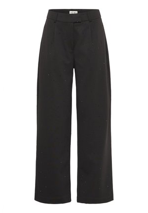 Pantalons larges noirs avec taille haute, comportant des accents scintillants subtils et une texture lisse. Conçus avec des plis à l’avant pour un ajustement structuré.