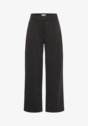 Pantalons larges noirs avec taille haute, comportant des accents scintillants subtils et une texture lisse. Conçus avec des plis à l’avant pour un ajustement structuré.