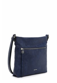 Borsa a spalla in pelle blu navy con superficie testurizzata, dotata di chiusura superiore a zip e tasca frontale con zip. Include una tracolla regolabile.