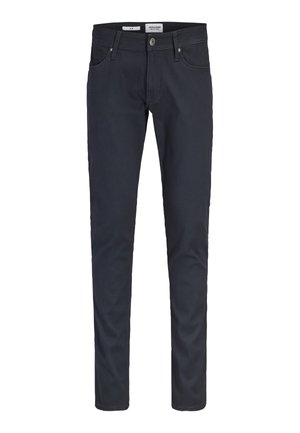 Férfi karcsúsított szabású sötétkék pamut nadrág gombos és cipzáras rögzítéssel, elülső zsebekkel és övbújtatókkal.