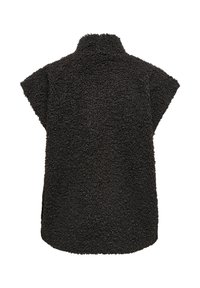 Veste polaire noire à manches courtes avec un col montant et un tissu texturé bouclé, vue de dos sur fond blanc.