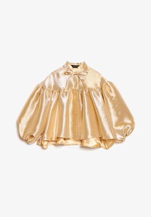 Bluza din satin auriu cu guler înalt, mâneci bufante și detaliu cu funda. Dispune de închidere cu nasturi și o textură moale, lucioasă.