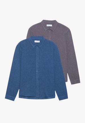 Two long-sleeve button-up shirts, one in blue and one in gray, featuring a soft fabric, collar, and classic fit with a straight hem.