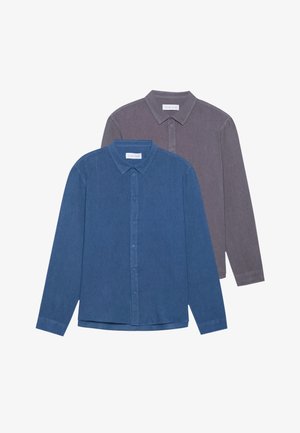 Twee lange mouwen overhemd met knopen, één in blauw en één in grijs, met een zachte stof, kraag en een klassieke pasvorm met een rechte zoom.