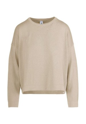 Maglione lavorato a maglia beige con una vestibilità rilassata e ampia, scollatura tonda, spalle cadute e maniche lunghe. Texture liscia, orlo a coste.