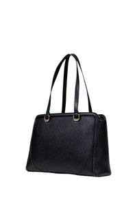 Borsa a tracolla nera in pelle con due manici lunghi, caratterizzata da una forma strutturata, design minimalista e dettagli in metallo dorato.