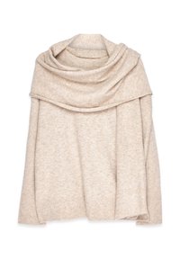 Pullover beige in maglia con scollo ampio e drappeggiato, maniche lunghe e polsini a coste. Tessuto morbido con un leggero motivo mélange.