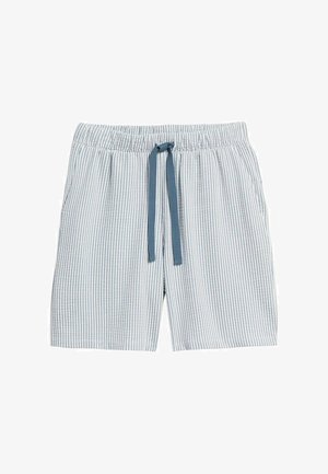 Lichtblauwe en witte verticale gestreepte shorts met elastische taille, voorzakken en een blauw aantrekkoord.