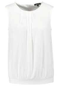Top bianco senza maniche con scollatura rotonda, pieghe sul davanti e orlo inferiore arricciato. Realizzato in tessuto liscio e leggero.