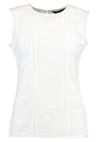 Bílý bezramenný top s vyšívanými květinovými vzory a výřezovými detaily. Kulatý výstřih s klíčkovým zapínáním na zádech. Texturovaná látka.