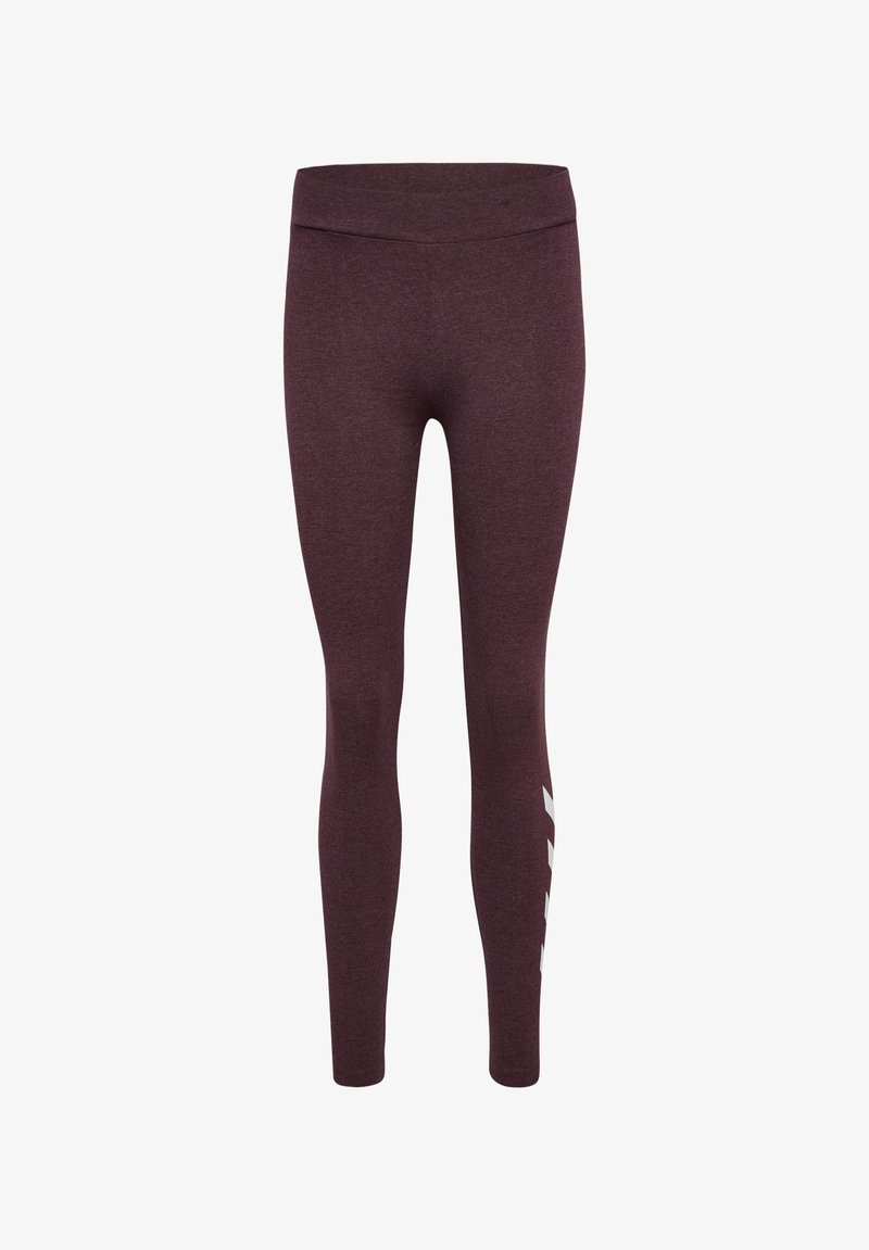 Bordeaux leggings met een gladde textuur, hoge tailleband en subtiele zijlogo-details in het wit. Figuurvormend ontwerp voor actief gebruik.