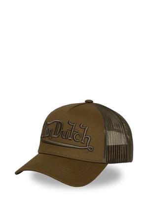 Gorra trucker marrón con parte trasera de malla, logo Van Dutch bordado y en relieve en el panel frontal, visera curva y botón superior.