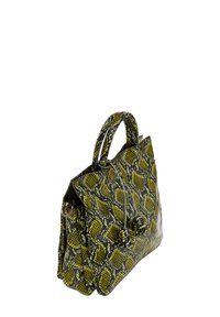 Borsa a mano in pelle di serpente verde e nera con forma strutturata, manici doppi e accenti decorativi. Superficie testurizzata con motivo geometrico.