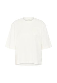 White cotton t-shirt with short sleeves, round neck, and a textured logo patch on the left chest, featuring a boxy silhouette.