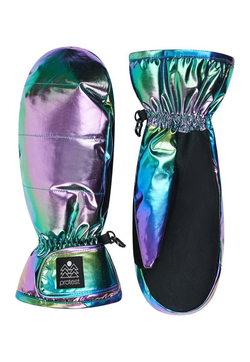 Kleurige wanten met een glanzende, iriserende buitenkant, zwarte leren handpalmen, elastische manchetten en een logopatch op de pols.
